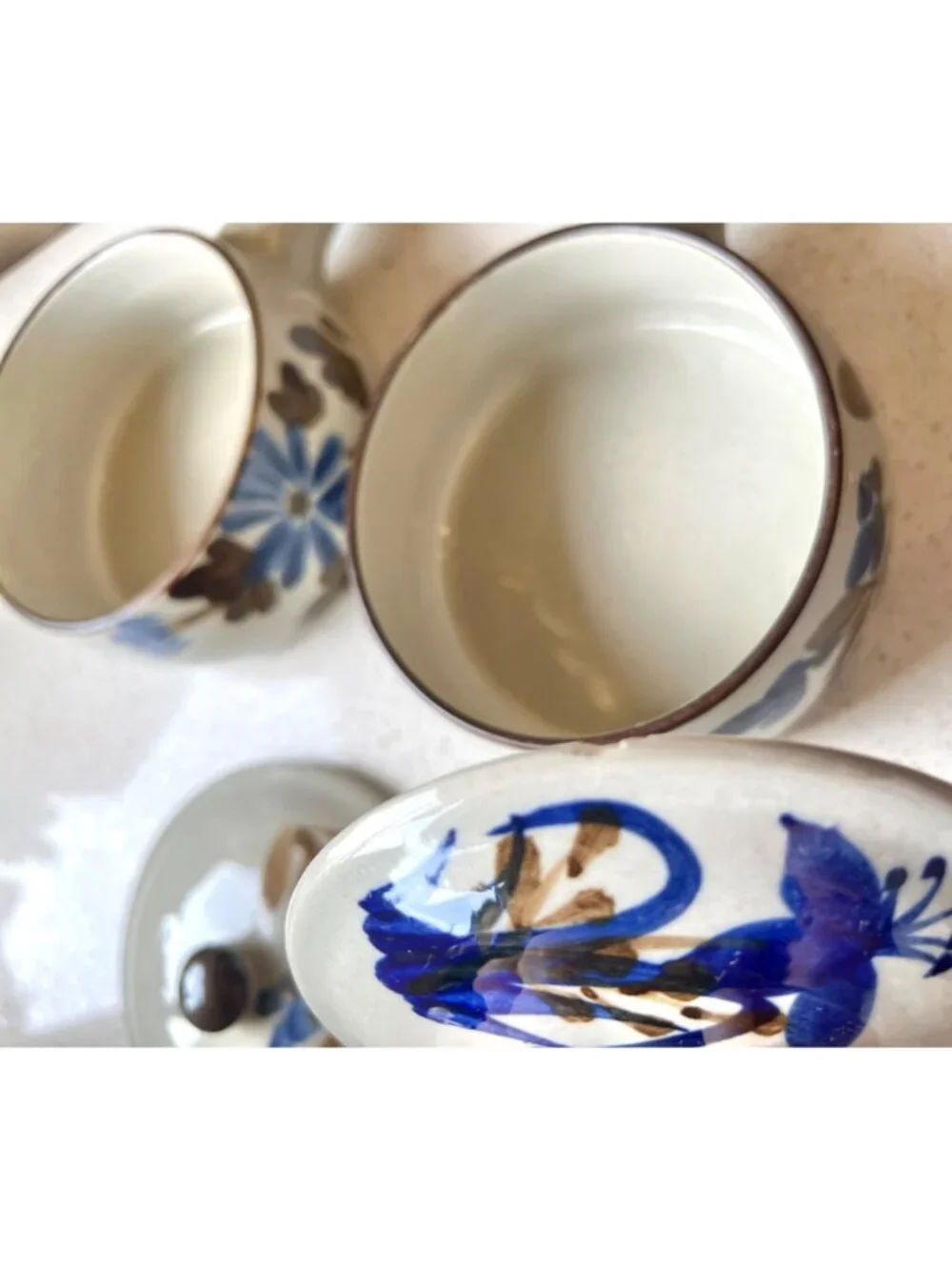 Ceramic Soup Bowls Lids & Handles Speckled Gray Blue Floral Ovenproof Set Of 2